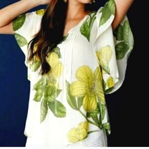 Anthropologie Mauve Green and Yellow Floral Blouse Size 10!